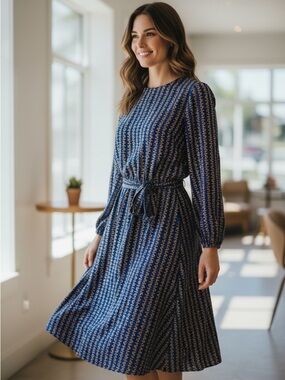 Prisa Blue Patterned Long-Sleeve Tie-Waist Dress